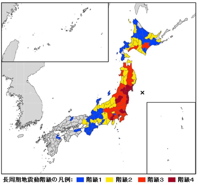 長周期地震動 東北地方太平洋沖地震における長周期地震動階級（事後分析による）