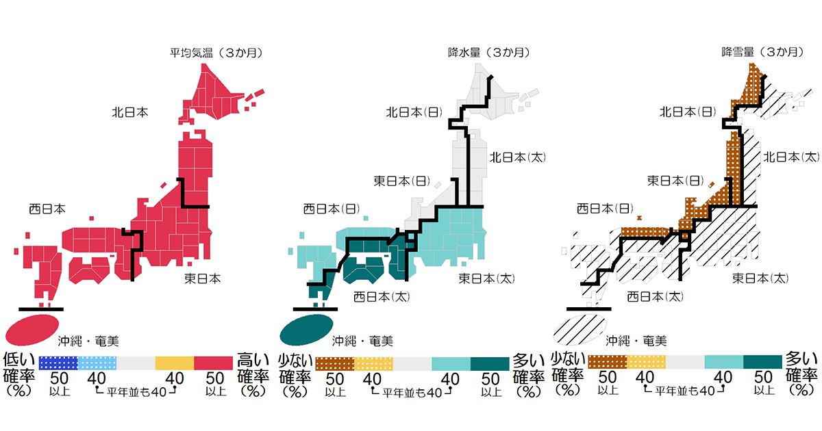 2024年1月から3月の天気予報 平年よりも暖かく雪少ない｜気象庁3か月予報