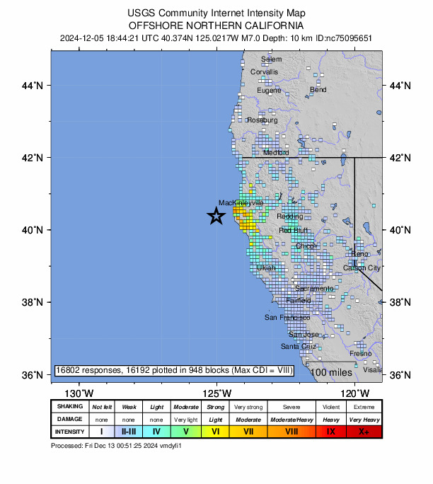 カリフォルニア州メンドシーノ岬沖でM7.0の地震 一時津波警報発令｜2024年12月6日午前3時44分JST