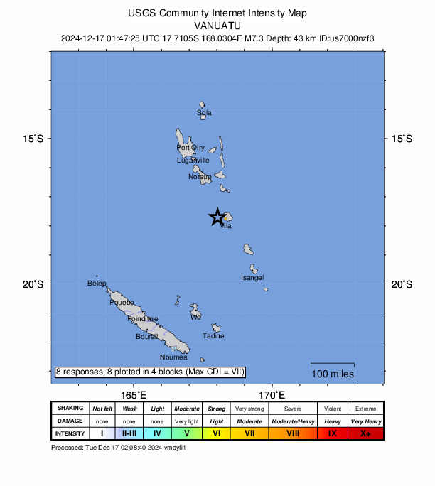 南太平洋バヌアツでM7.4の地震｜2024年12月17日10時47分JST