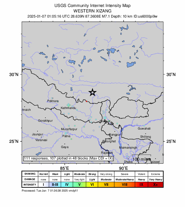 ネパールと中国西部チベット自治区の国境付近でM7.1の地震｜2025年1月7日