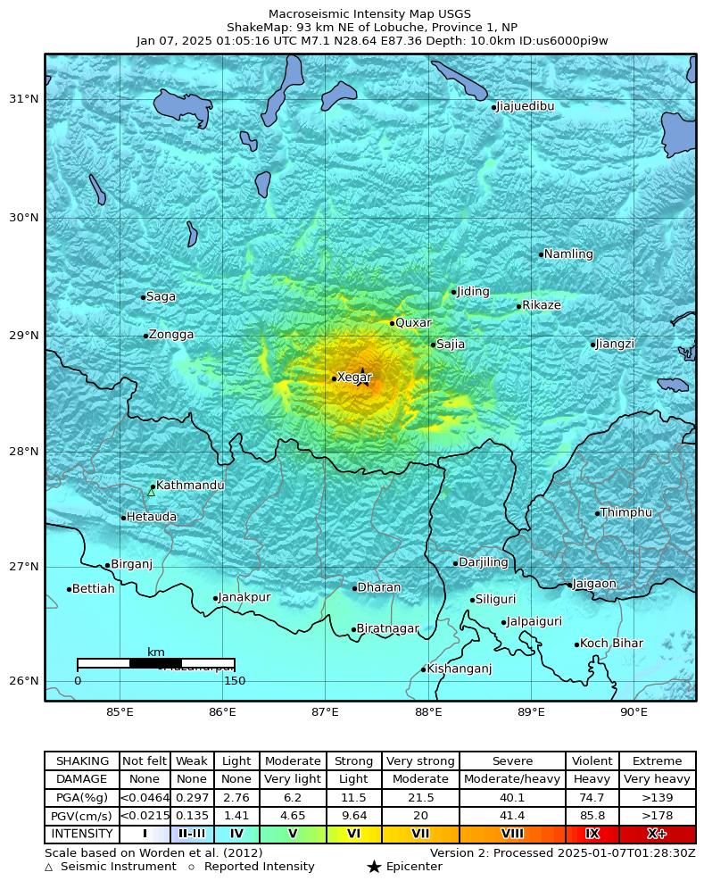 ネパールと中国西部チベット自治区の国境付近でM7.1の地震｜2025年1月7日