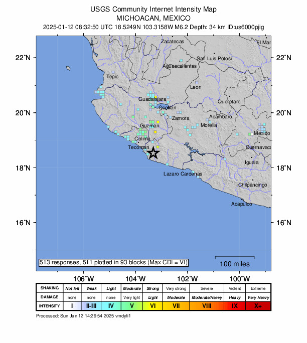 メキシコでM6.2の地震｜2025年1月12日08時32分(UTC)