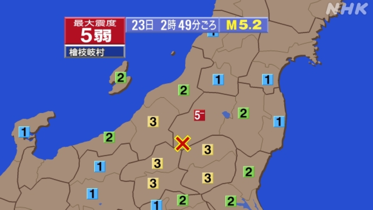 福島県檜枝岐村で震度5弱の地震 震源地は福島県会津 M5.2 余震続く｜2025年1月23日2時49分