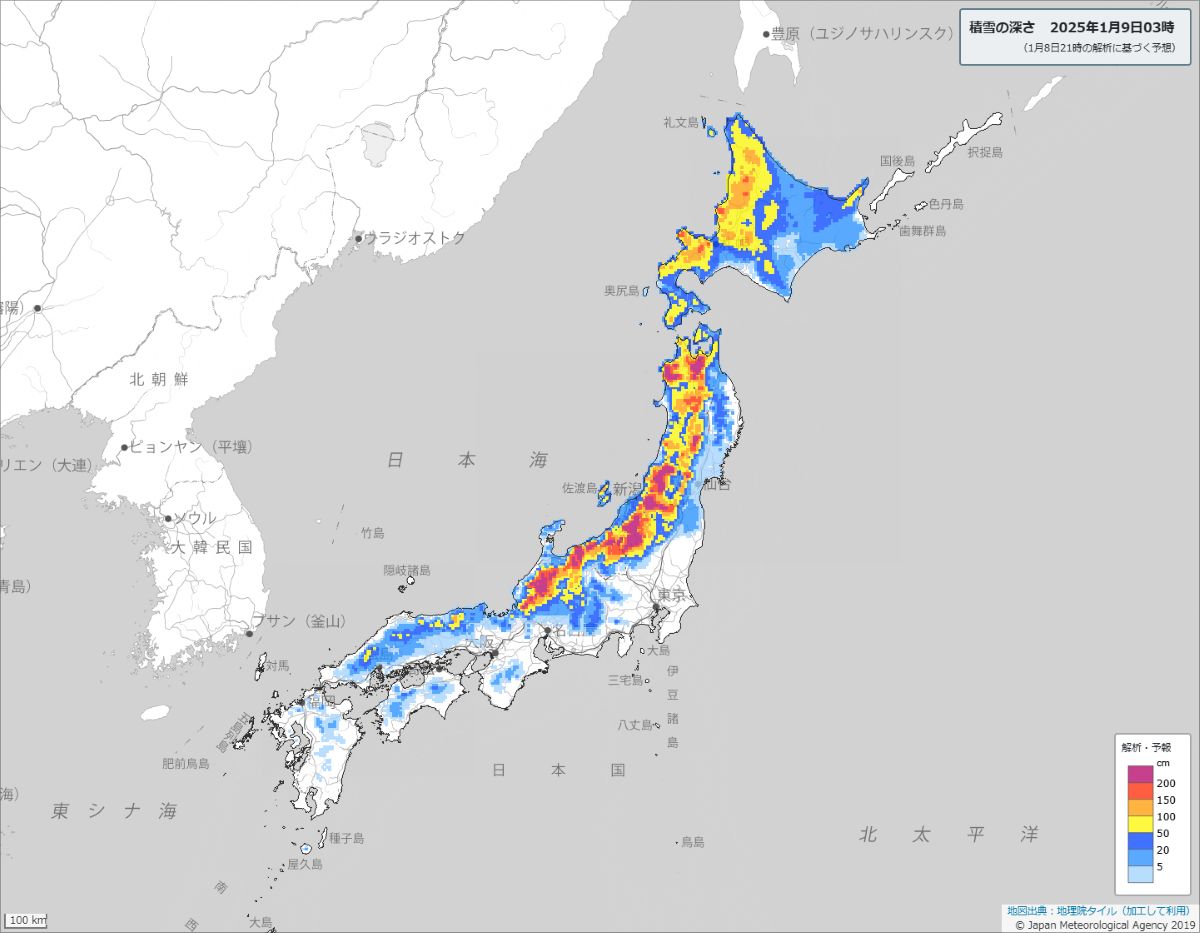 1月9日(木)午前3時の降雪予想