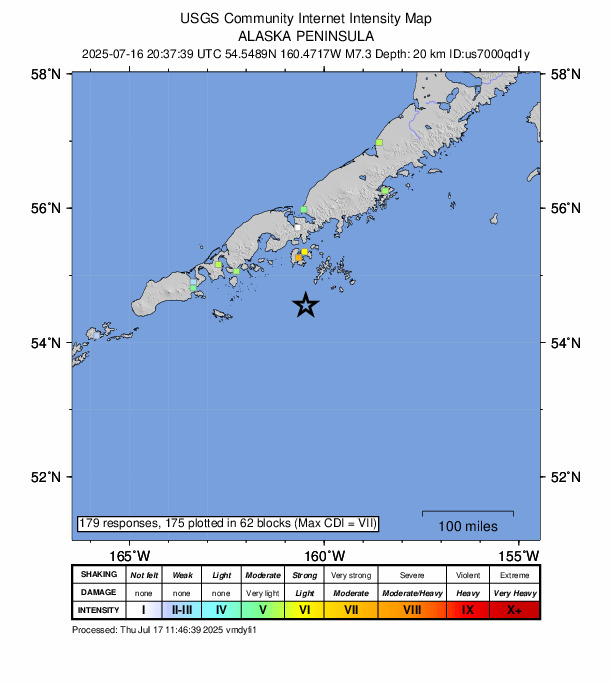 アリューシャン列島（米アラスカ半島）でM7.3の地震｜2025年7月17日5時38分JST