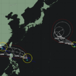 令和7年台風17号・18号・19号でトリプル台風に3つの台風が同時に存在するのは今年7月以来2回目