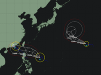 令和7年台風17号・18号・19号でトリプル台風に3つの台風が同時に存在するのは今年7月以来2回目