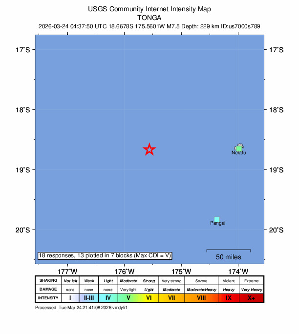 トンガ諸島（南太平洋）でM7.5の地震｜2026年3月24日