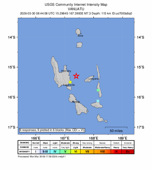 バヌアツ諸島（南太平洋）でM7.3の地震｜2026年3月30日