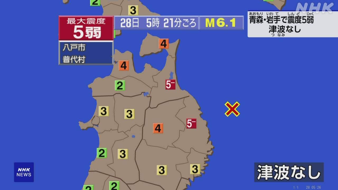 青森県・岩手県で震度5弱の地震 震源地は岩手県沖 M6.1｜2026年6月28日