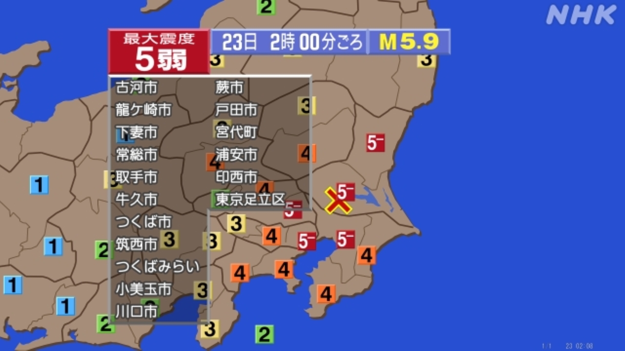 茨城・埼玉・千葉・東京で震度5弱の地震 震源地は茨城県南部 M5.9